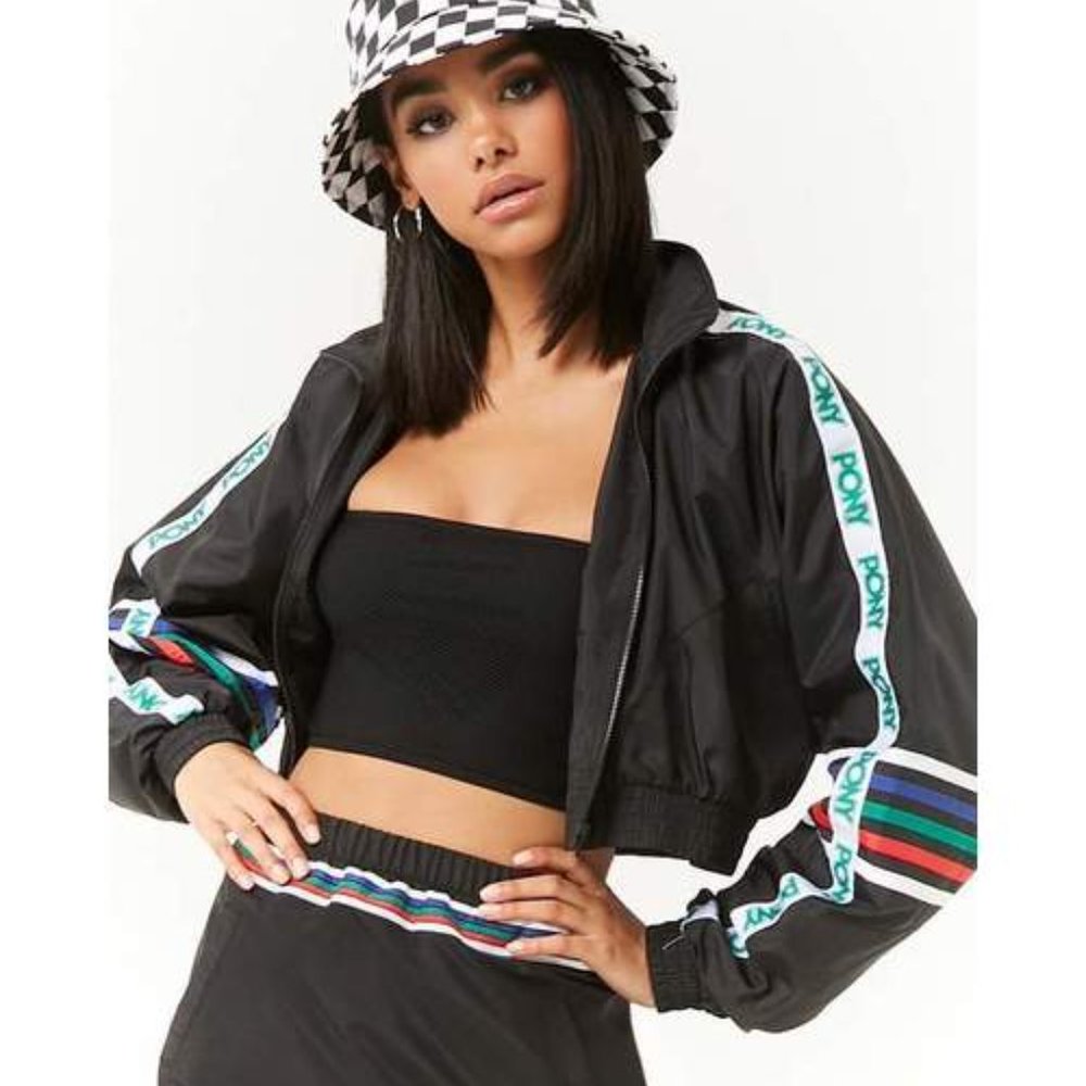 FOREVER 21 x PONY cropped black lightweight logo sleeve windbreaker track jacket